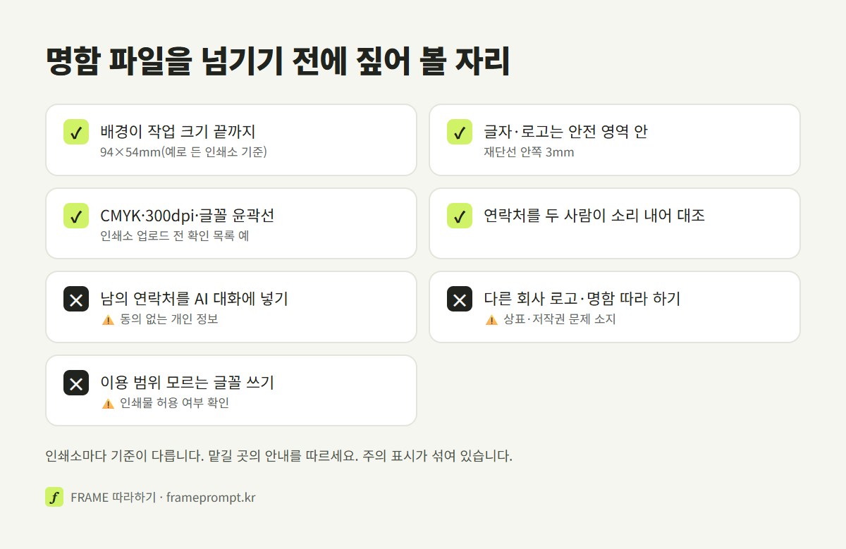 명함 파일을 인쇄소에 넘기기 전에 확인할 작업 크기, 안전 영역, 색, 해상도, 글꼴과 하지 말아야 할 것을 정리한 확인 목록