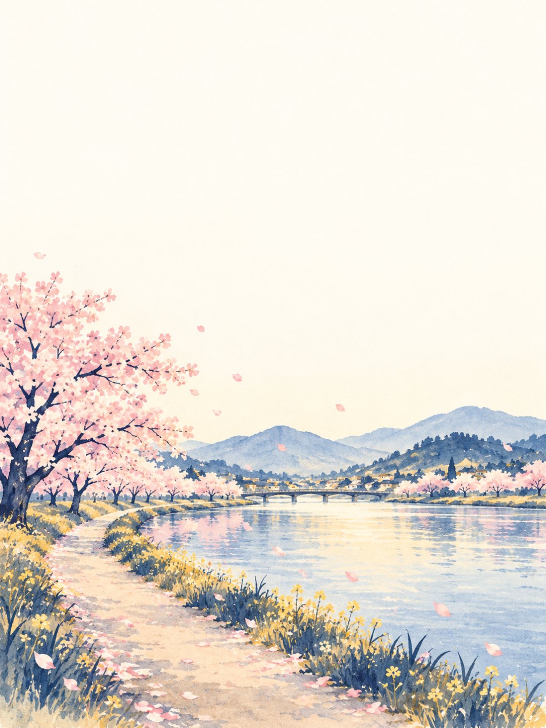 벚꽃이 흩날리는 강변 산책길을 같은 수채화 그림체로 그리고 위쪽을 비워 둔 4월 달력 그림