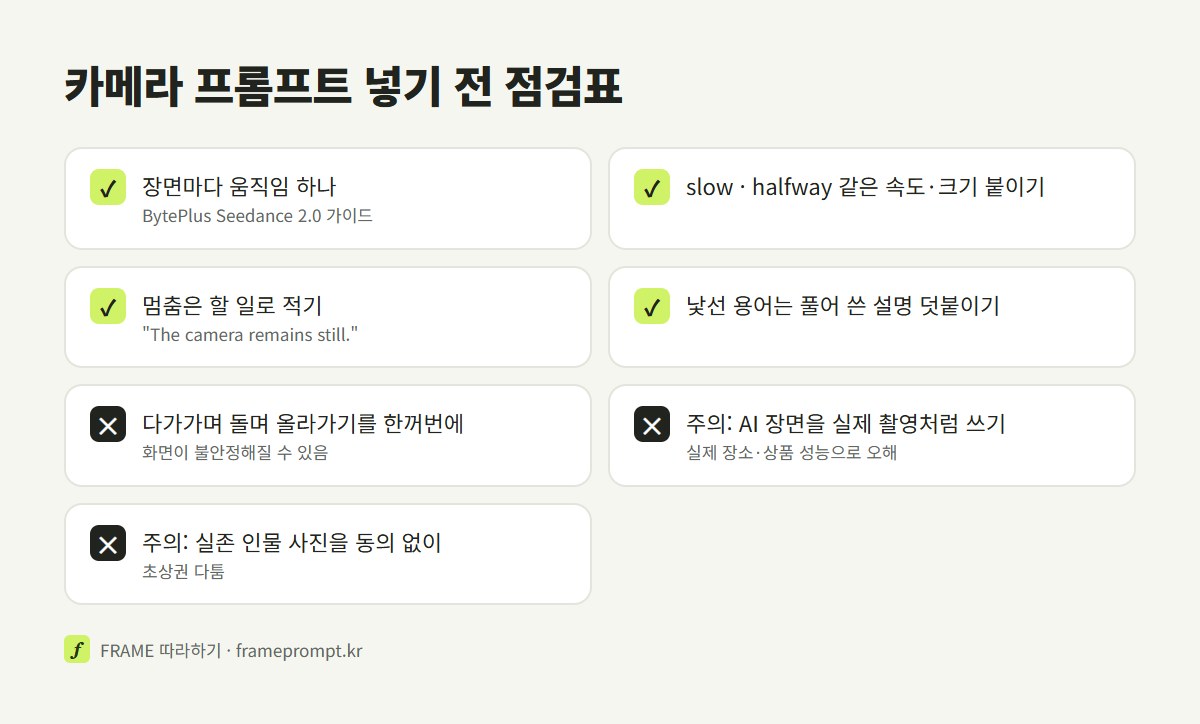장면마다 움직임 하나, 속도 붙이기, 멈춤은 할 일로 적기, 낯선 용어는 풀어 쓰기는 하고, 움직임 여러 개 한꺼번에 적기와 실제 촬영처럼 쓰기는 피하라는 점검표
