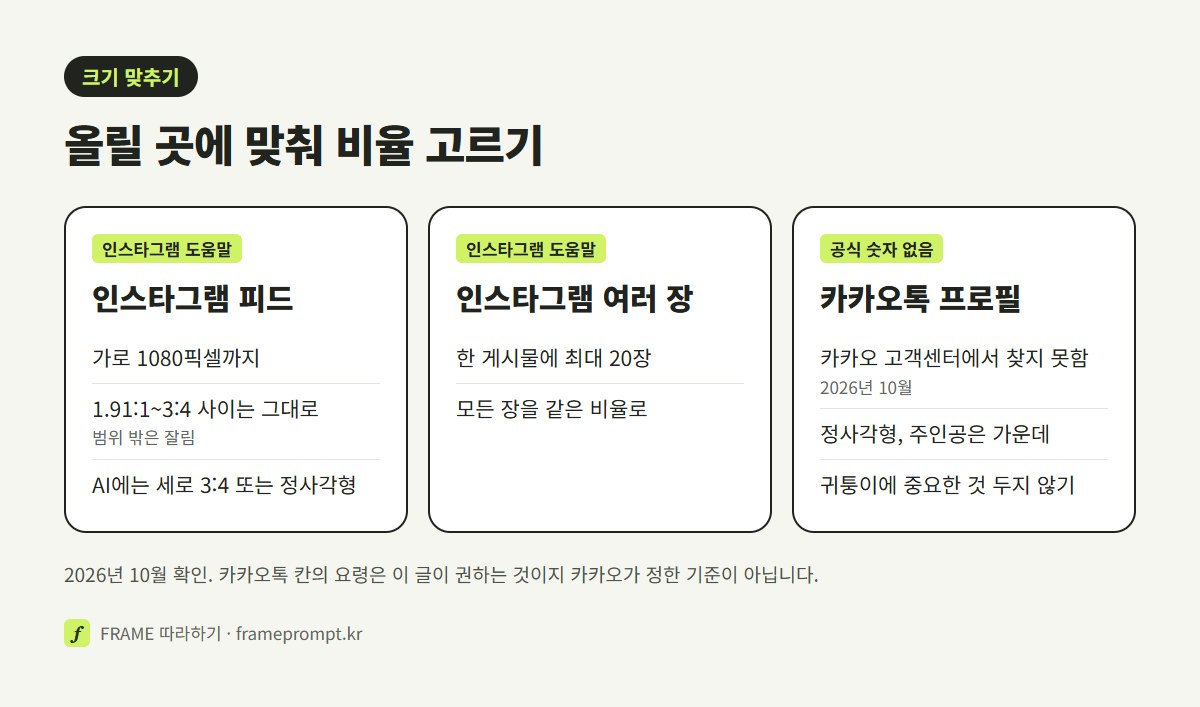 인스타그램 피드, 인스타그램 여러 장 게시물, 카카오톡 프로필에 맞춰 크리스마스 그림 비율을 고르는 법을 세 칸으로 비교한 그림