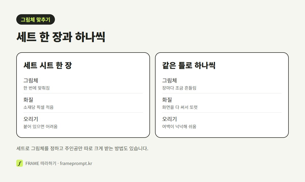 세트 시트 한 장으로 받을 때와 같은 틀로 하나씩 받을 때를 그림체 맞추기, 화질, 오리기 쉬움으로 나눠 비교한 그림