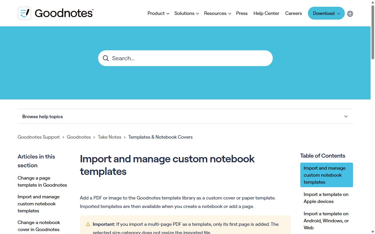 Goodnotes 고객지원의 사용자 템플릿 가져오기와 관리 도움말 페이지 화면