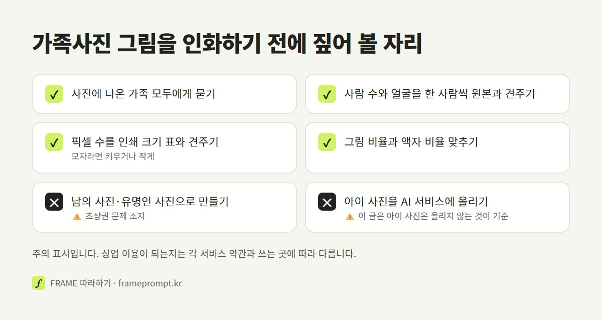 가족사진 그림 액자를 인화하기 전에 할 것과 하지 말 것을 표시한 확인 목록