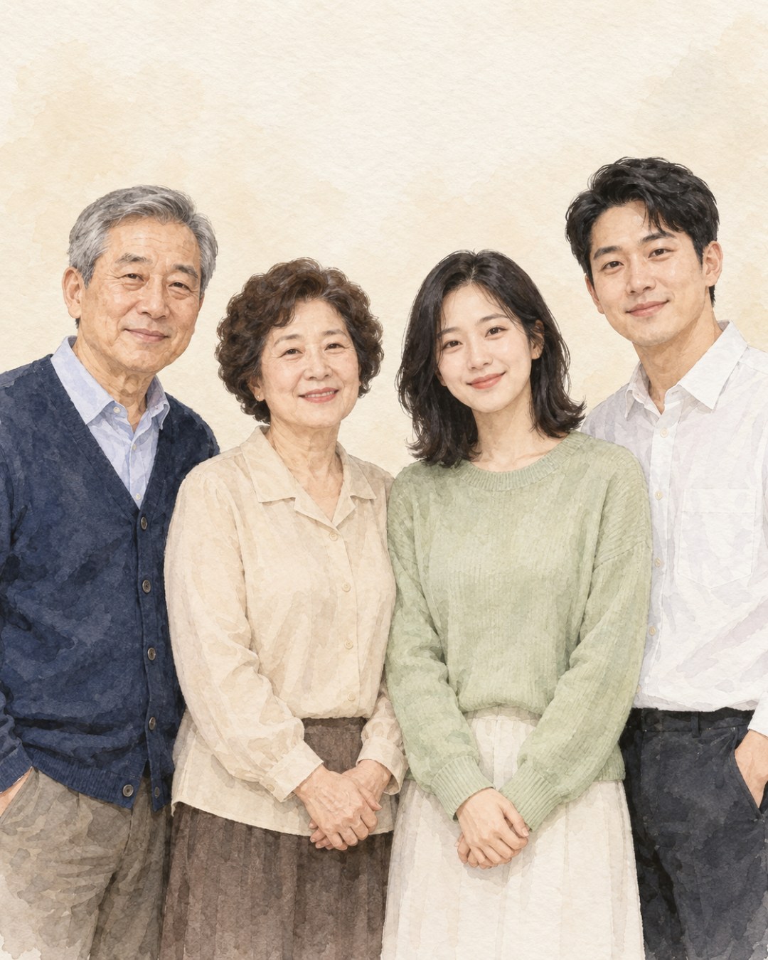 지어낸 60대 부부와 30대 딸·아들 네 사람이 크림색 바탕 앞에 왼쪽부터 아버지, 어머니, 딸, 아들 순으로 나란히 선 수채화 느낌의 가족 그림