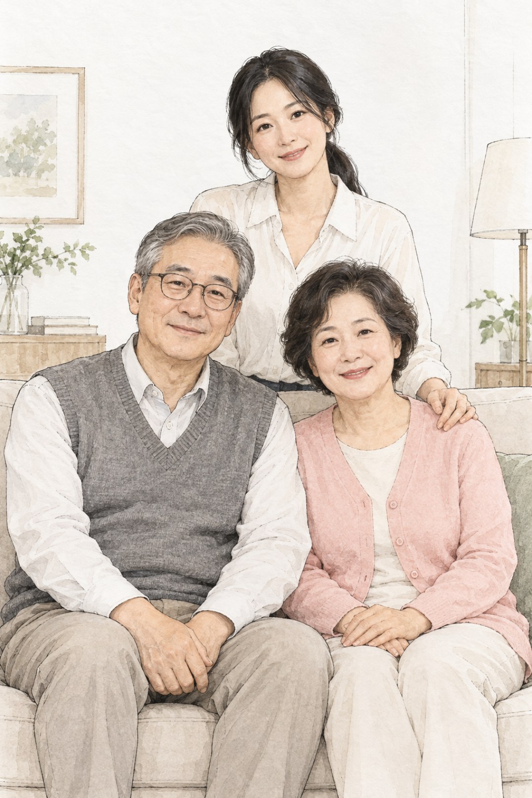 지어낸 60대 부부가 소파에 앉고 30대 딸이 뒤에 서서 어머니 어깨에 손을 올린 모습을 가는 선과 옅은 채색으로 그린 가족 그림