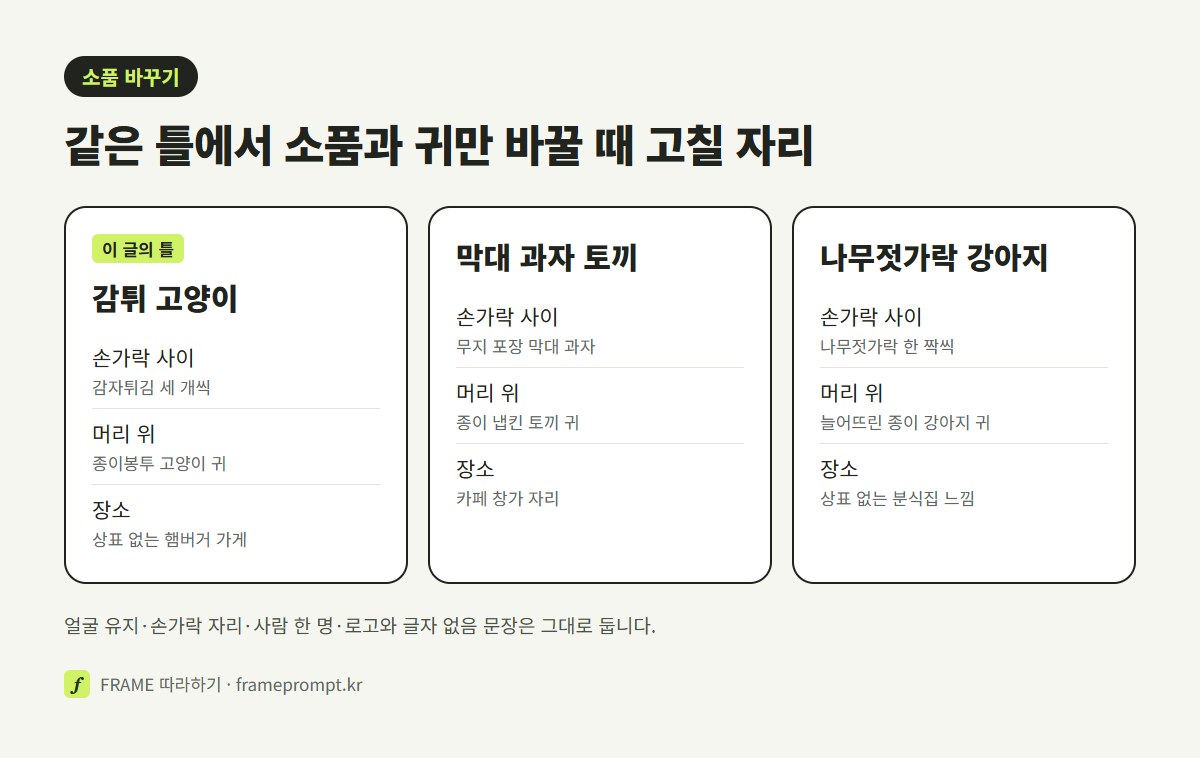 감튀 고양이, 막대 과자 토끼, 나무젓가락 강아지로 바꿀 때 손가락 사이 소품, 머리 위 귀, 장소를 세 칸으로 비교한 그림