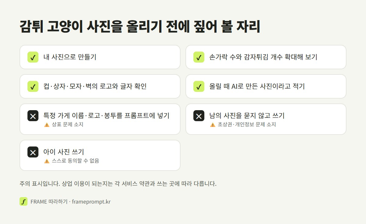 감튀 고양이 사진을 올리기 전에 할 것과 하지 말 것을 표시한 확인 목록