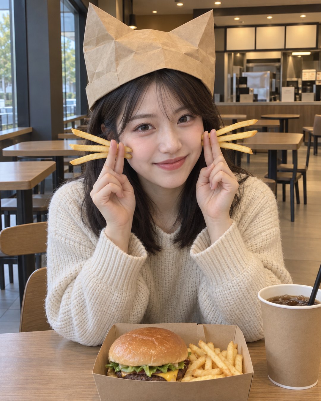 지어낸 20대 여성이 상표 없는 햄버거 가게 자리에 앉아 양손 검지와 중지 사이에 감자튀김을 세 개씩 끼워 볼 옆에 대고, 크라프트 갈색 종이 귀 모자를 쓴 모습으로 만든 예시