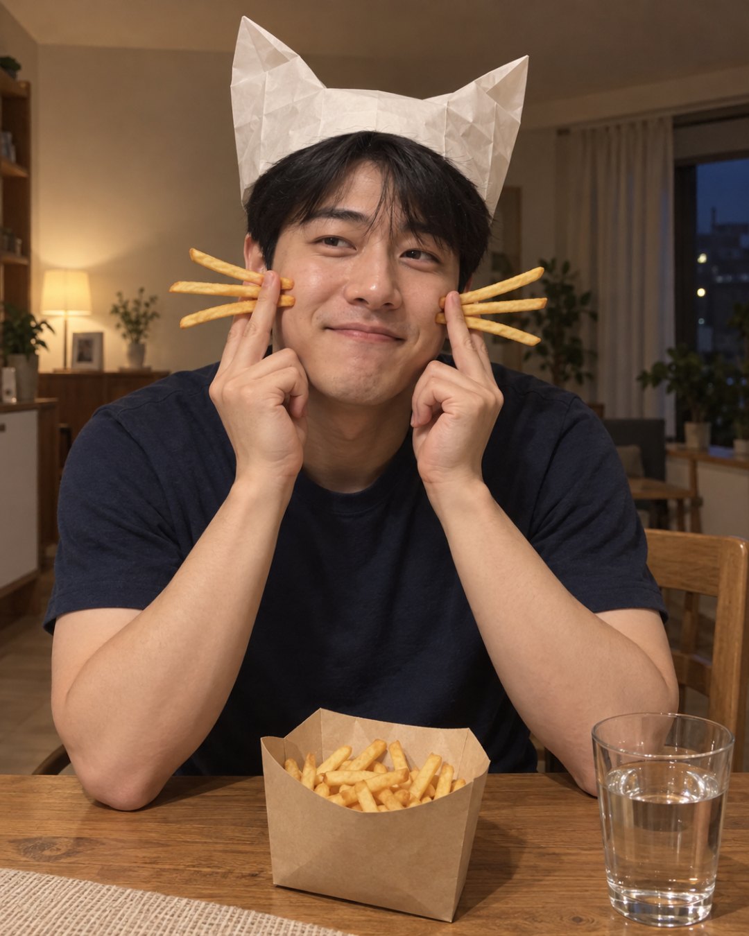 지어낸 30대 남성이 저녁 무렵 집 식탁에 앉아 양손 손가락 사이에 감자튀김을 끼워 볼 옆에 대고, 흰 종이로 접은 고양이 귀 모자를 쓴 모습으로 만든 예시