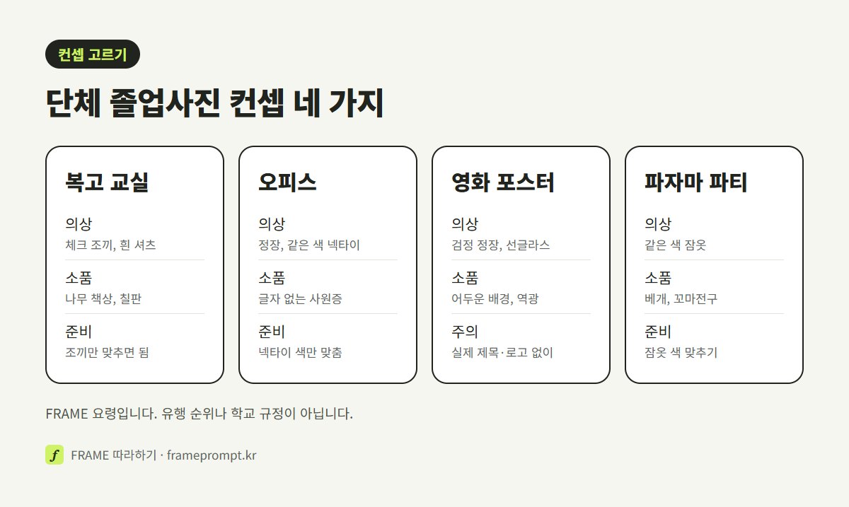 복고 교실, 오피스, 영화 포스터, 파자마 파티 네 가지 졸업사진 컨셉을 의상과 소품, 준비 난도로 나눠 비교한 그림