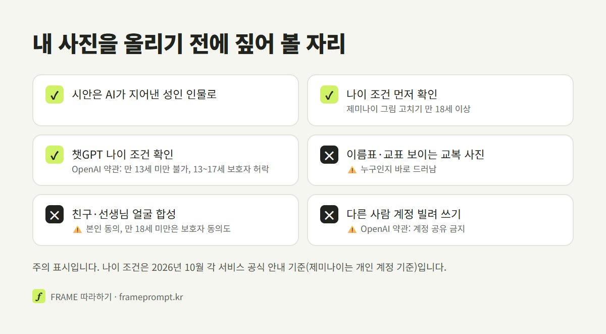 졸업사진 컨셉 시안을 만들 때 할 것과 하지 말 것, 내 사진을 올리기 전 나이 조건과 개인정보 확인 항목을 표시한 확인 목록