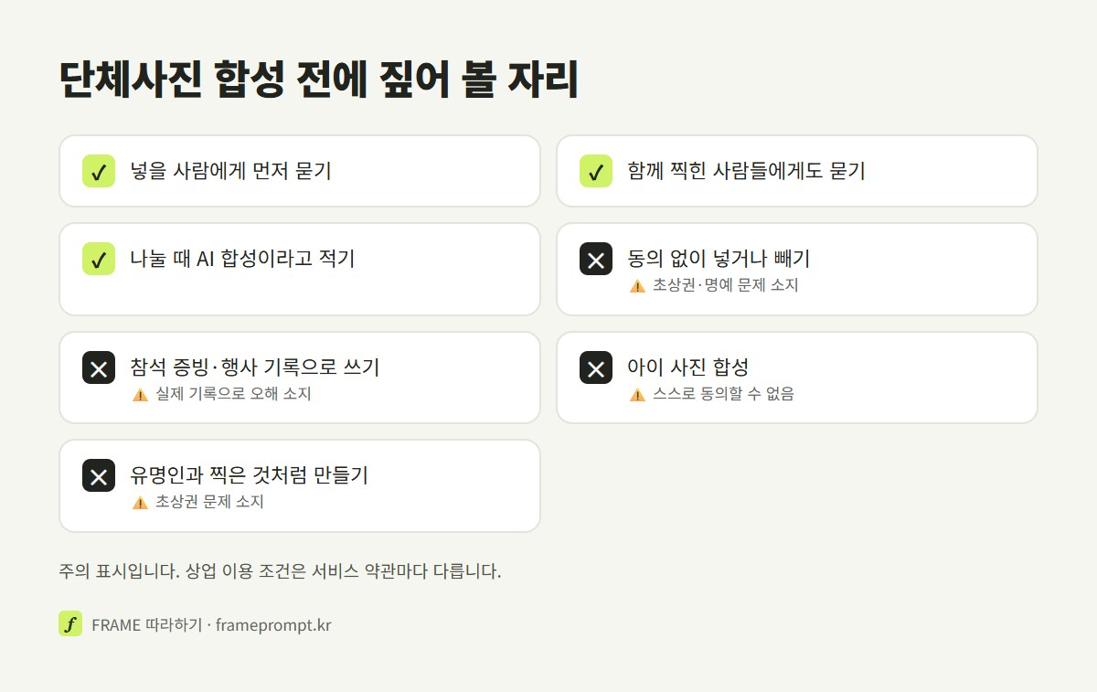 단체사진에 사람을 합성하기 전에 할 것과 하지 말 것을 표시한 확인 목록