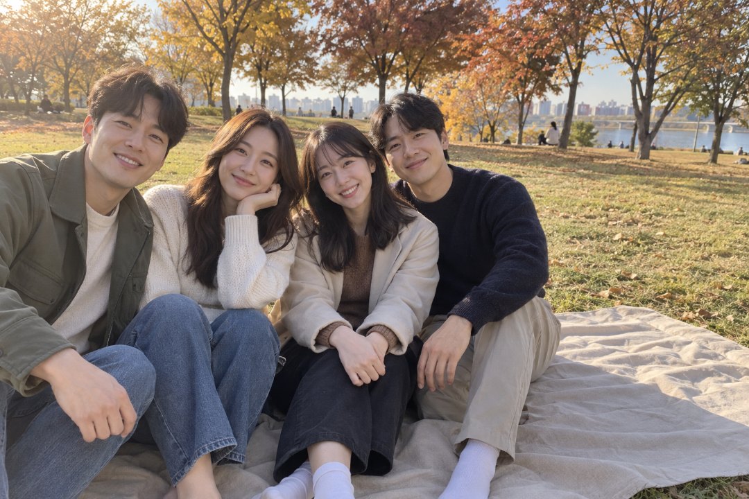 단풍 든 공원 잔디밭 돗자리 위에 지어낸 성인 네 명(남성 둘, 여성 둘)이 나란히 앉아 웃고 있고 오른쪽 끝 돗자리가 한 사람 들어갈 만큼 비어 있는, 왼쪽 위 뒤쪽에서 햇빛이 드는 단체사진 느낌의 그림