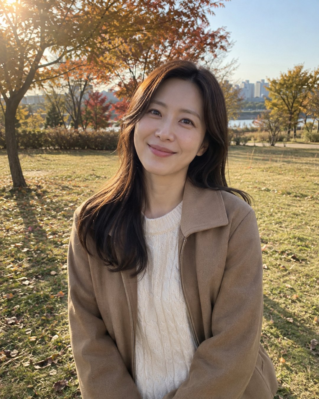 단풍 든 공원 잔디밭에서 왼쪽 위 햇빛을 받으며 웃고 있는, 크림색 꽈배기 니트에 밝은 갈색 재킷을 입은 지어낸 여성 한 명을 눈높이에서 허리 위까지 담은 사진 느낌의 그림