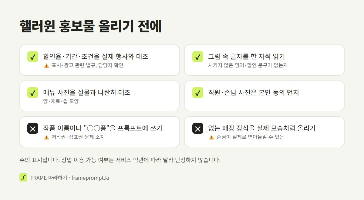 행사 조건 대조, 그림 속 글자 확인, 실제 메뉴와 대조는 하고, 작품 캐릭터 이름 쓰기와 없는 매장 모습을 실제처럼 올리기는 피하라는 할로윈 홍보물 점검표