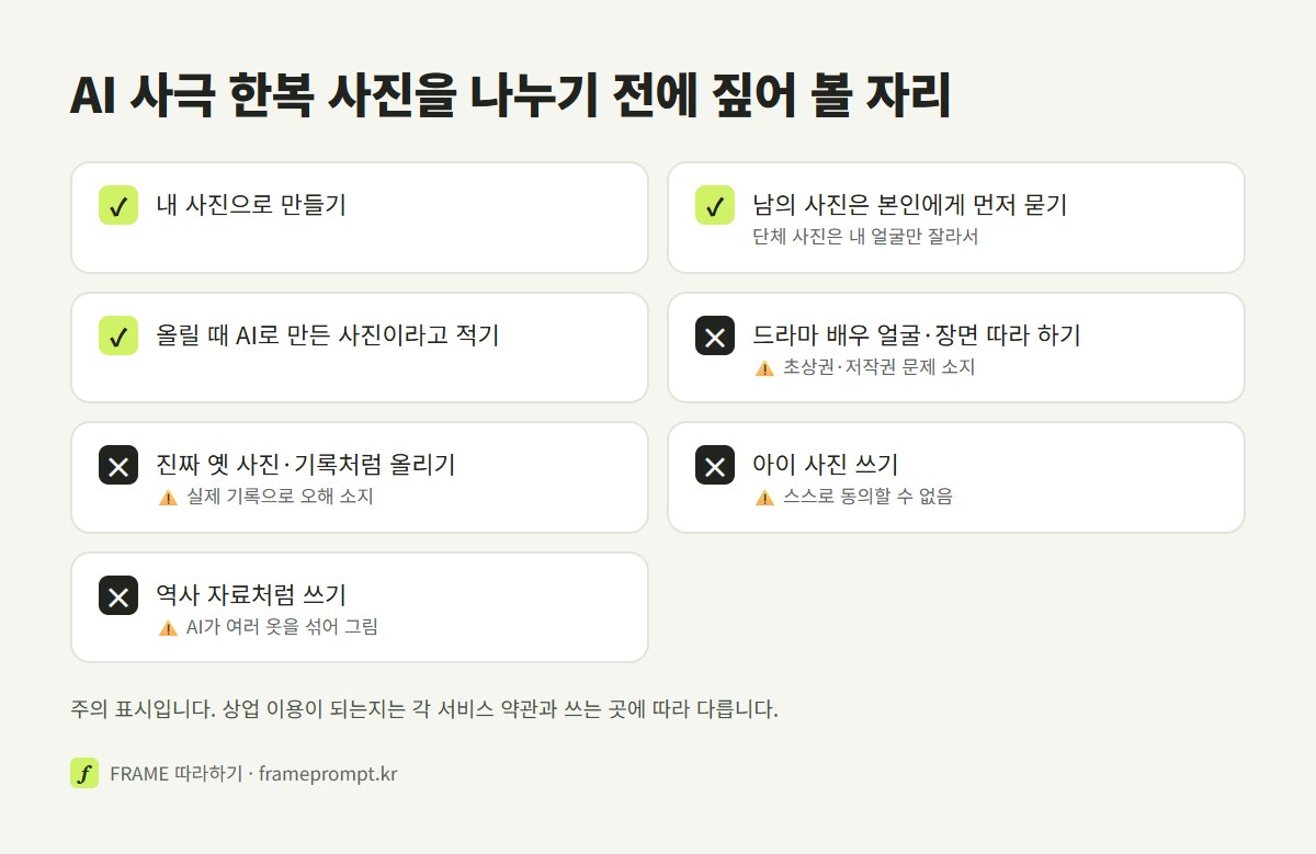 AI 사극 한복 사진을 올리기 전에 할 것과 하지 말 것을 표시한 확인 목록