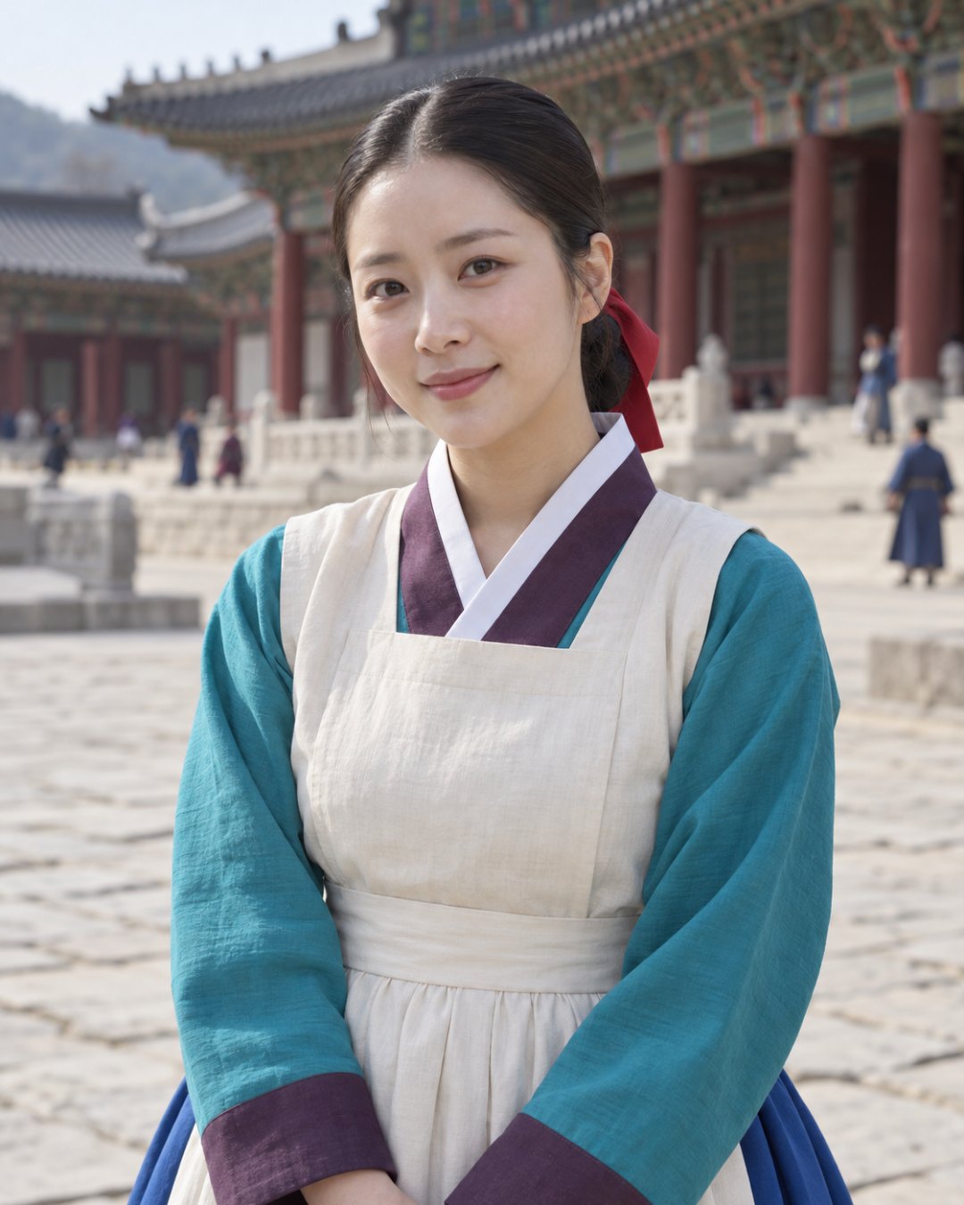 장금이 프롬프트 틀에 지어낸 30대 여성과 청록색 저고리, 흰 앞치마, 코발트 블루 치마, 빨간 댕기, 궁궐 돌마당 배경을 채워 만든 그림