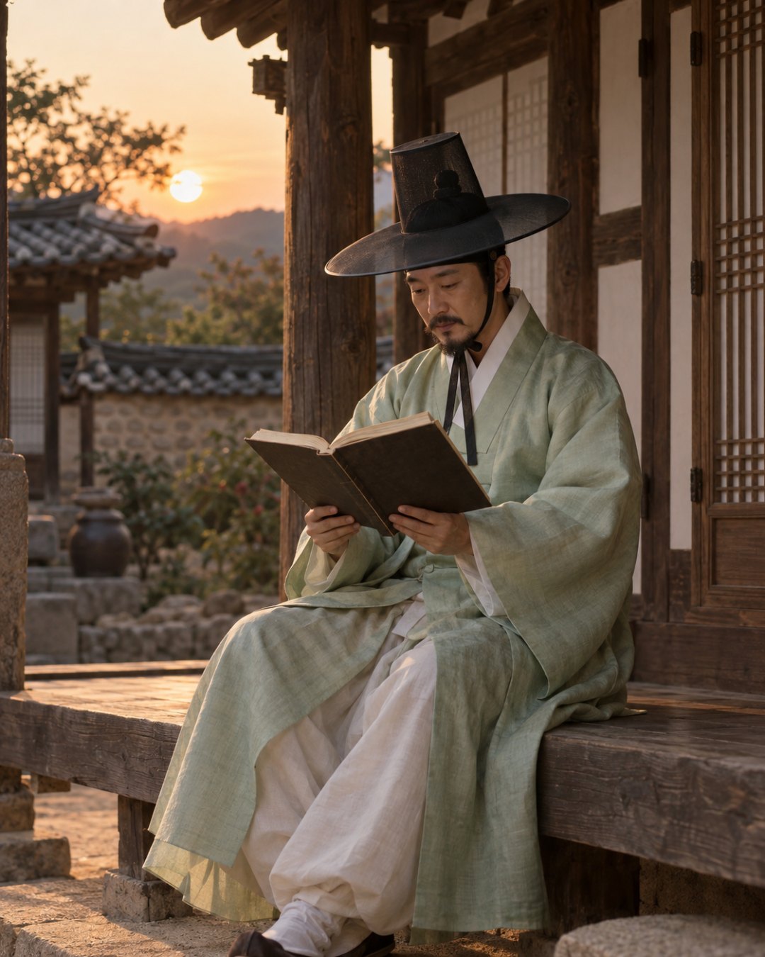 사극 장면 틀에 지어낸 40대 남성과 옥색 도포, 검은 갓, 해 질 녘 한옥 툇마루를 채워 만든 그림