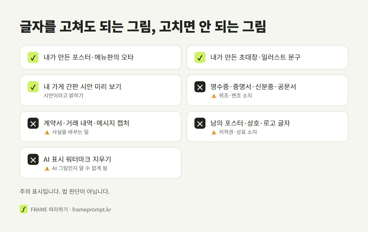 AI로 글자를 고쳐도 되는 그림과 고치면 안 되는 그림을 표시한 확인 목록