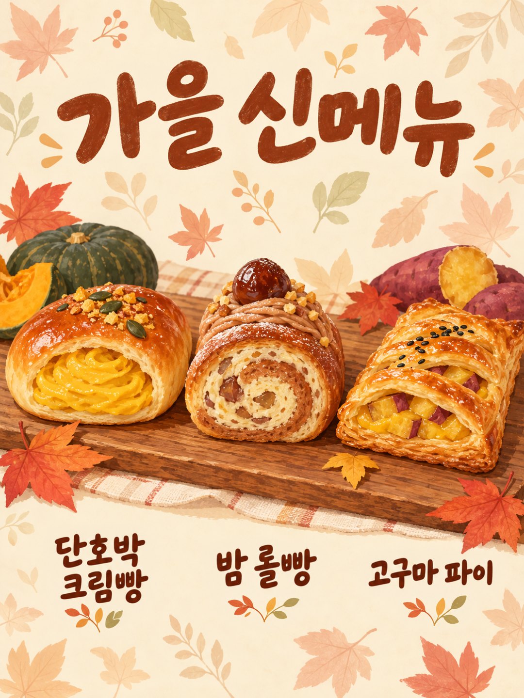 크림색 낙엽 무늬 바탕 위쪽에 갈색 손글씨 제목 '가을 신메뉴'가 있고, 나무 도마 위 단호박 크림빵·밤 롤빵·고구마 파이 아래에 각 메뉴 이름이 한글로 적힌 세로 포스터