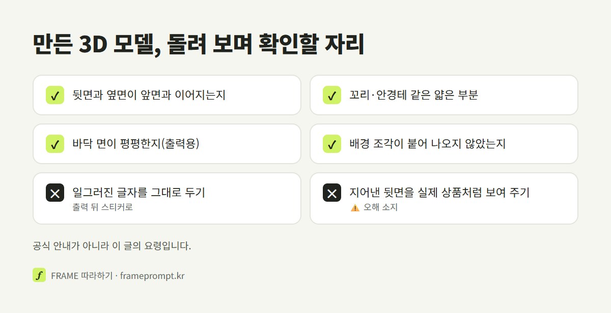 AI로 만든 3D 모델을 돌려 보며 뒷면, 얇은 부분, 바닥 면, 붙은 배경, 글자를 확인하는 목록