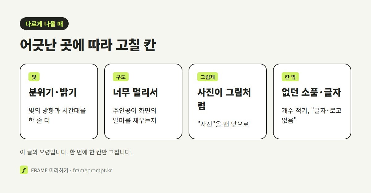 빛, 구도, 그림체, 소품, 글자 다섯 가지 어긋남과 각각 고칠 칸을 짝지어 놓은 그림