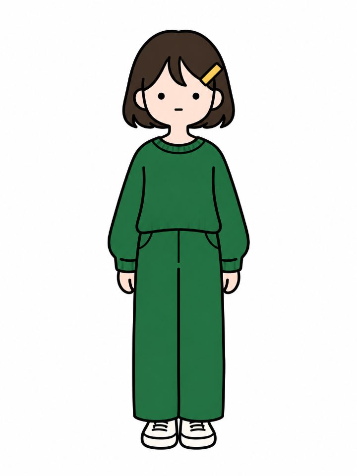 흰 배경에 정면으로 선 캐릭터. 짧은 단발, 초록 옷, 노란 머리핀, 점 눈