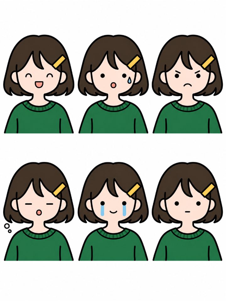 같은 캐릭터의 얼굴 여섯 개. 기쁨, 당황, 화남, 졸림, 감동, 무표정