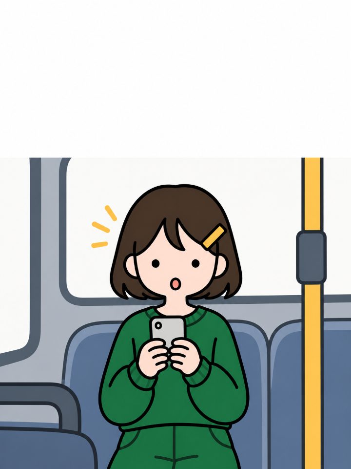 버스 안에서 휴대폰을 보다 놀라는 캐릭터. 위쪽은 대사를 넣을 수 있게 비어 있음