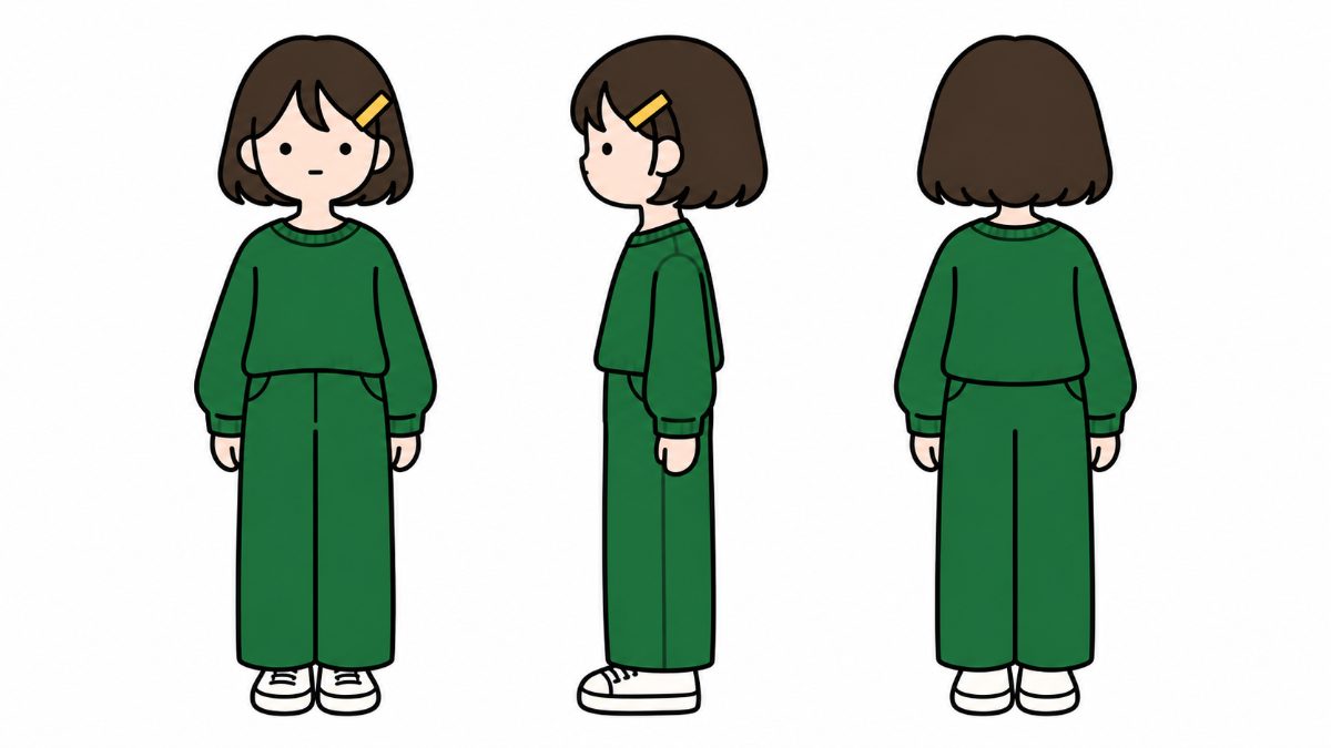 같은 캐릭터의 정면, 옆모습, 뒷모습을 나란히 그린 설정 시트