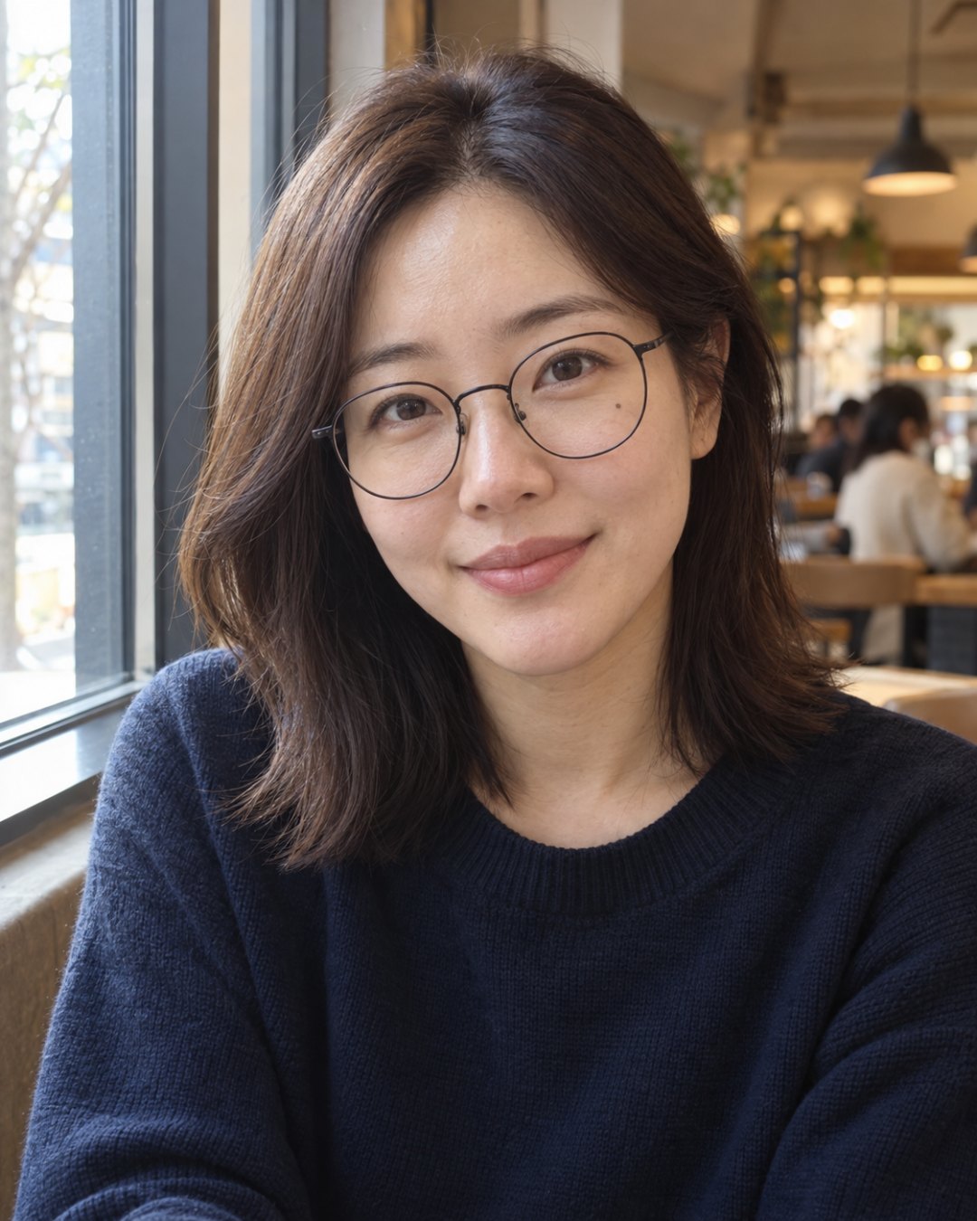 낮의 카페 창가에 앉은 지어낸 30대 여성. 가는 검은 동그란 안경, 사진 기준 오른쪽 눈 아래 작은 점, 가운데 가르마를 탄 어깨 길이 짙은 갈색 머리, 남색 니트, 입을 다문 옅은 미소, 왼쪽에서 드는 창빛