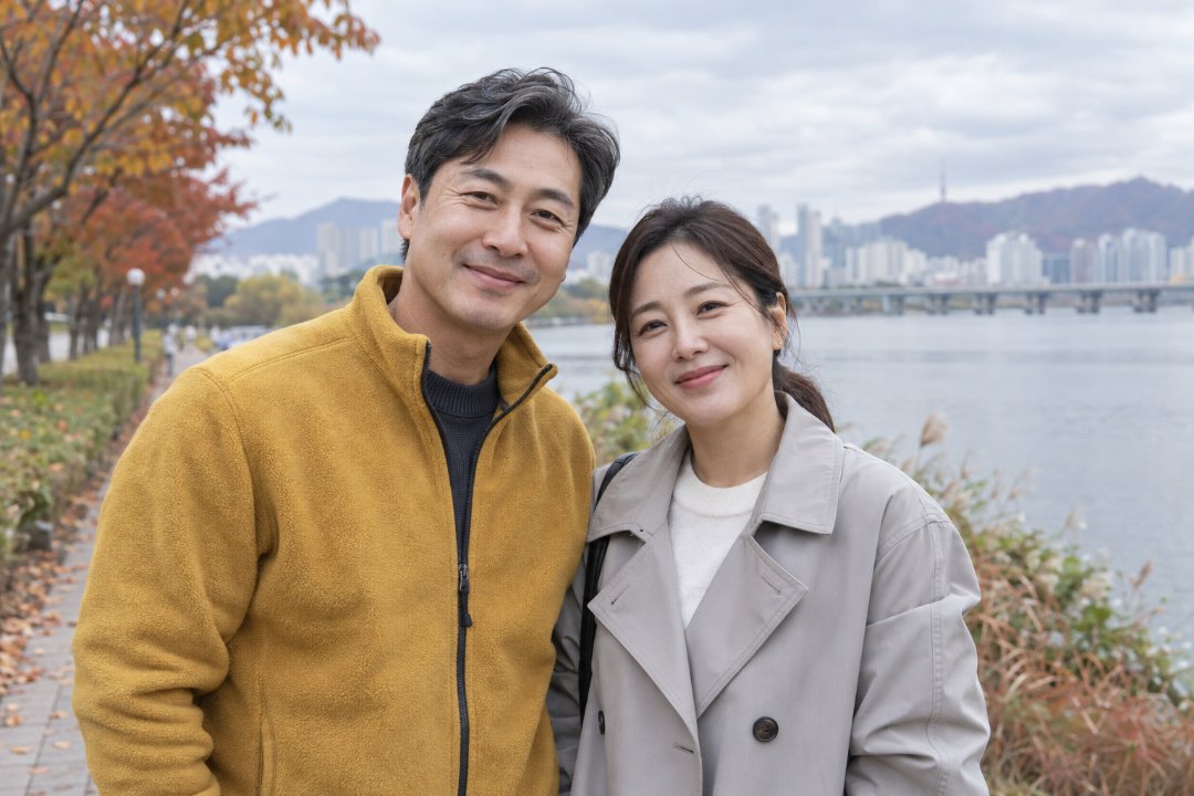 가을 강변 산책길에 나란히 서서 웃는 지어낸 40대 남녀. 남성은 겨자색 플리스 재킷과 희끗한 짧은 머리, 여성은 밝은 회색 트렌치코트와 낮게 묶은 머리, 흐린 날의 부드러운 낮빛