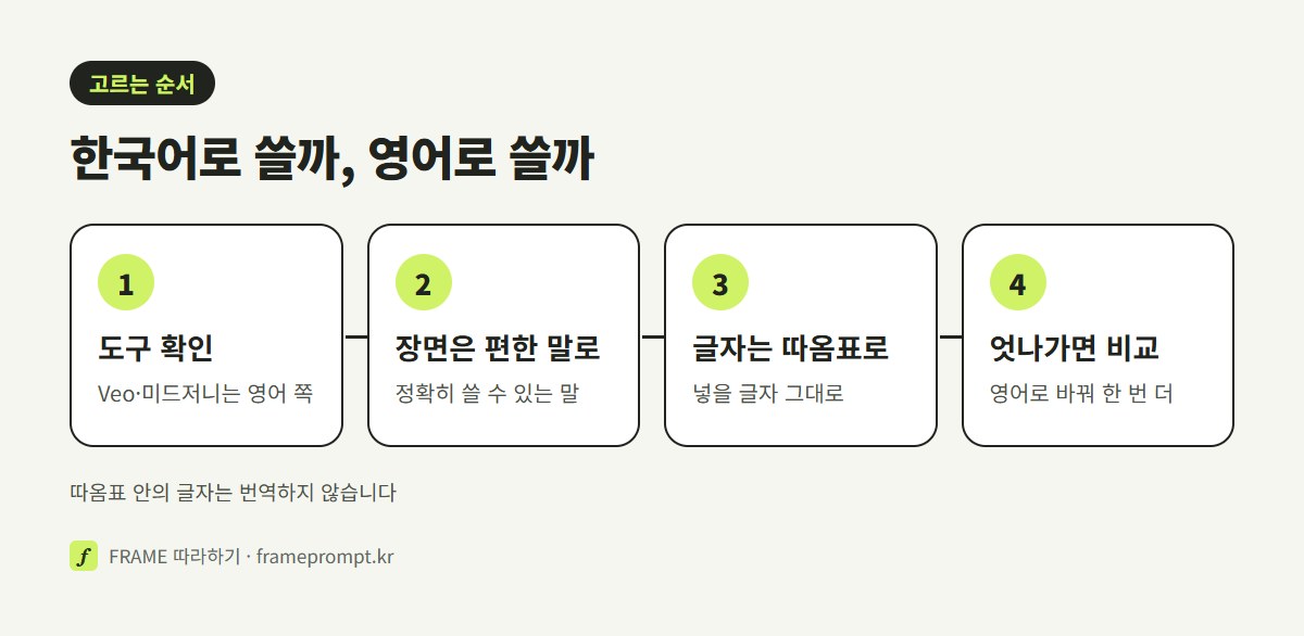 도구 확인, 장면은 편한 말로, 글자는 따옴표로, 엇나가면 영어로 바꿔 비교하는 네 단계 순서도