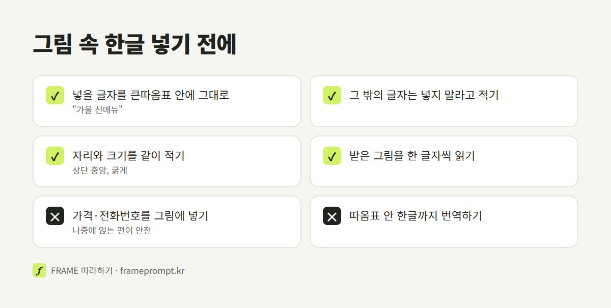 그림 속 한글을 넣을 때 할 것과 하지 말 것을 표시한 점검표