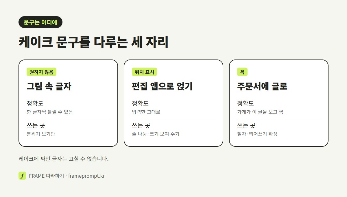 케이크 문구를 그림 속 글자로 받을 때, 편집 앱으로 위치를 표시할 때, 주문서에 글로 적을 때를 정확도와 쓰는 곳으로 나눠 비교한 그림