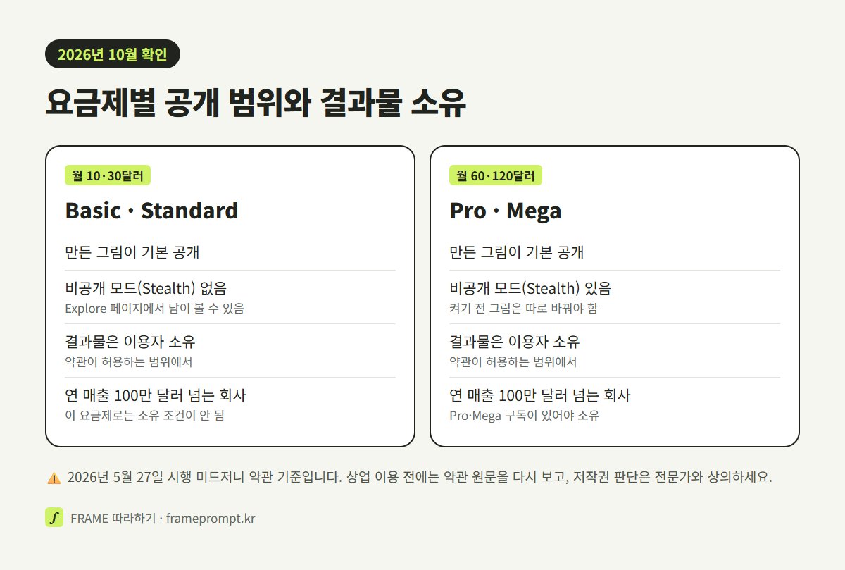 Basic·Standard와 Pro·Mega 요금제의 공개 여부, 비공개 모드, 결과물 소유 조건을 비교한 그림