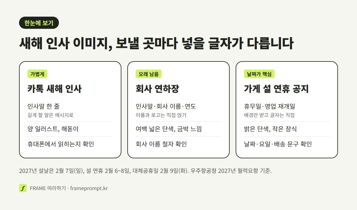 카톡 새해 인사, 회사 연하장, 가게 설 연휴 공지 세 가지를 글자 양과 확인할 것으로 나란히 비교한 표