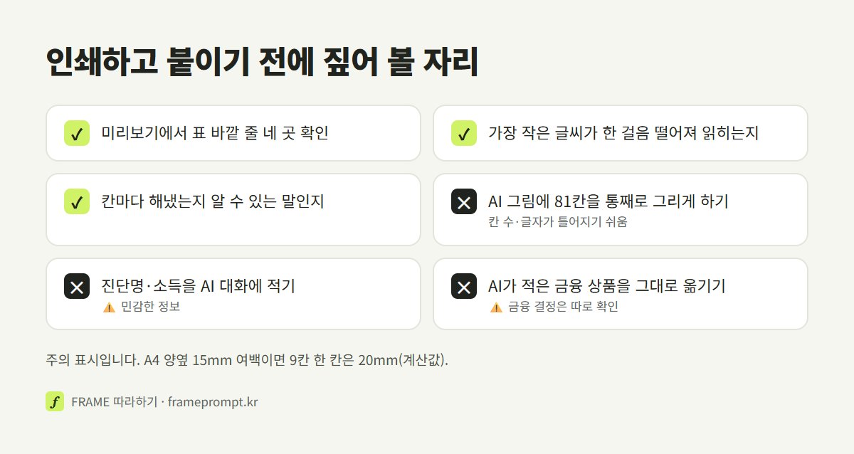 목표표를 인쇄하기 전에 확인할 것과 하지 말 것을 표시한 확인 목록