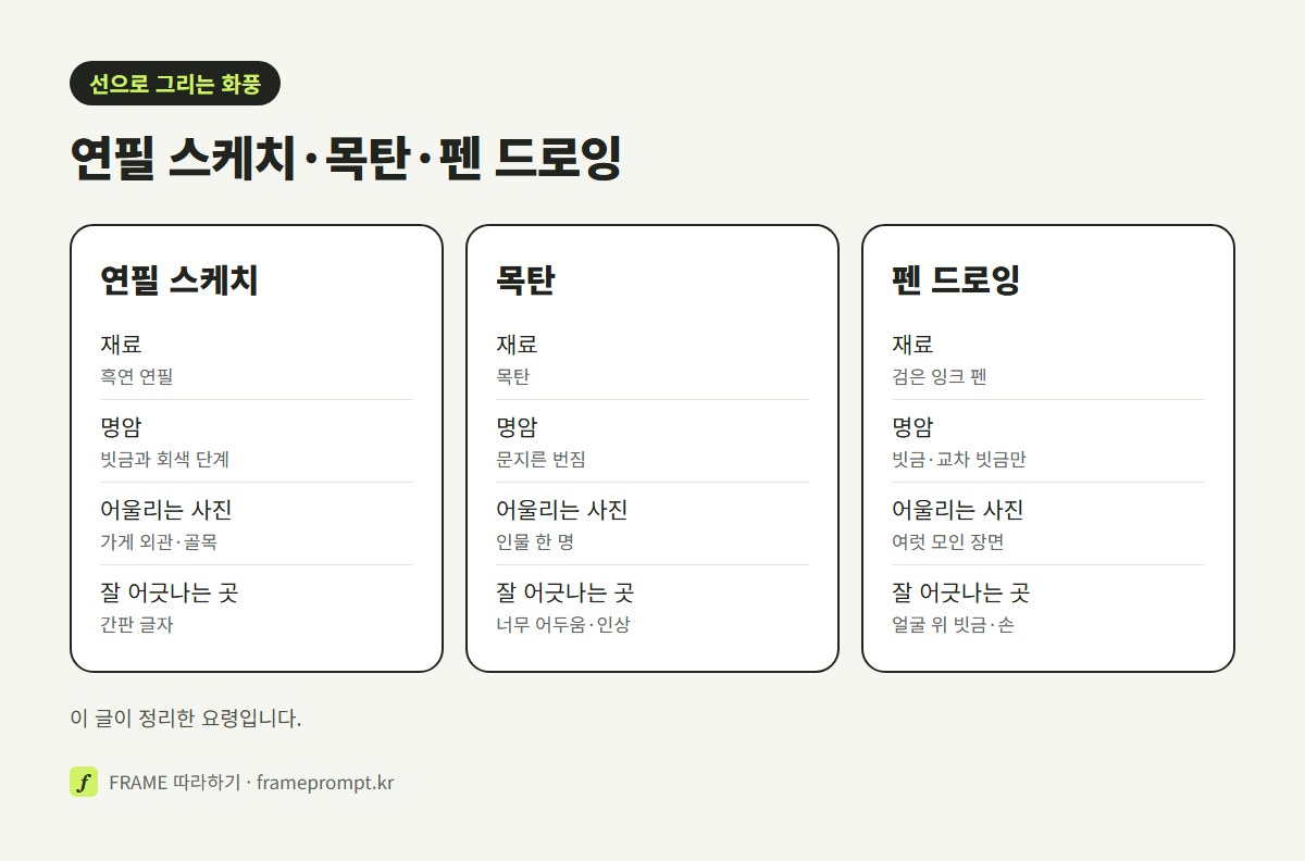 연필 스케치, 목탄, 펜 드로잉 세 화풍을 재료, 명암 내는 법, 어울리는 사진, 잘 어긋나는 곳으로 나눠 비교한 그림