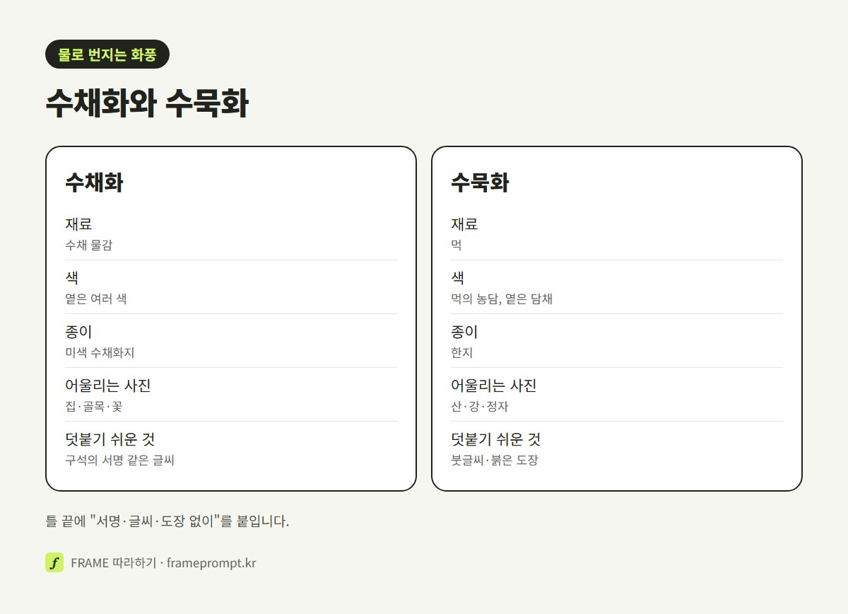 수채화와 수묵화를 재료, 색, 종이, 어울리는 사진, 덧붙기 쉬운 것으로 나눠 비교한 그림