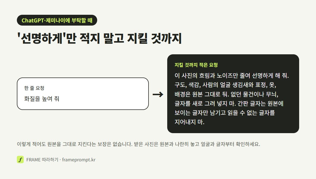 ‘화질을 높여 줘’ 한 줄 요청과 흐림만 줄이고 얼굴·글자를 지키라고 적은 긴 요청문을 나란히 놓은 그림
