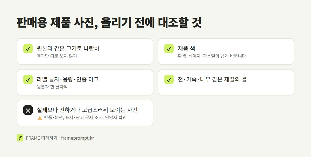 판매용 제품 사진의 화질을 높인 뒤 색, 라벨 글자, 용량, 인증 마크, 재질의 결을 원본과 대조하라는 체크리스트와 주의 표시