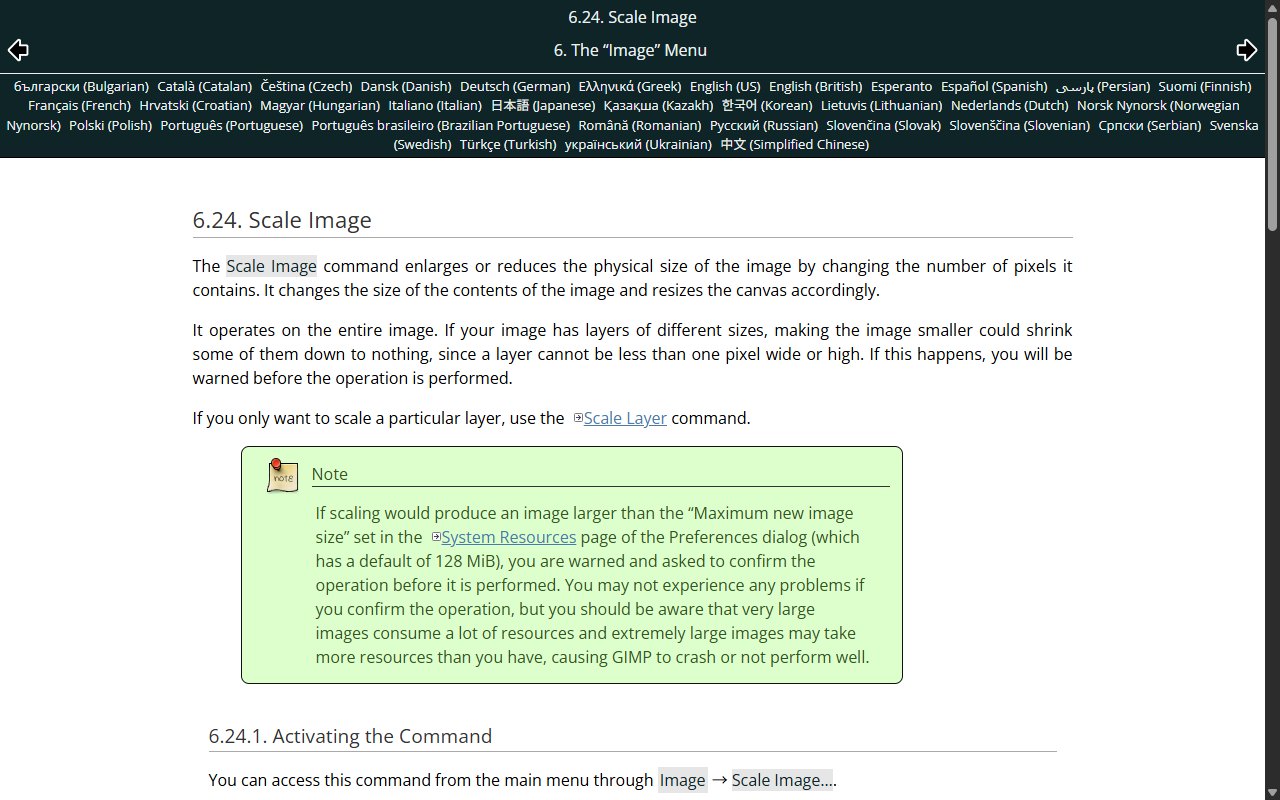 GIMP 공식 문서의 Scale Image 안내 페이지 화면