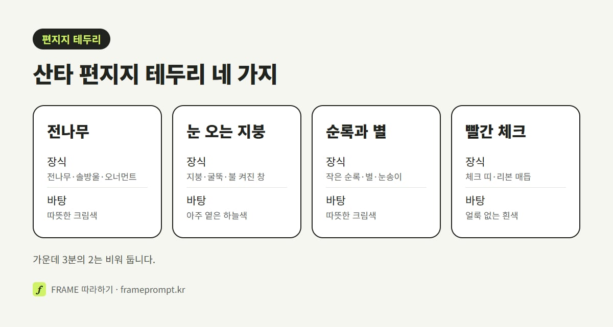 전나무 테두리, 눈 쌓인 지붕, 순록과 별, 빨간 체크 무늬의 네 가지 산타 편지지 테두리를 장식과 어울리는 바탕색으로 나눠 비교한 그림