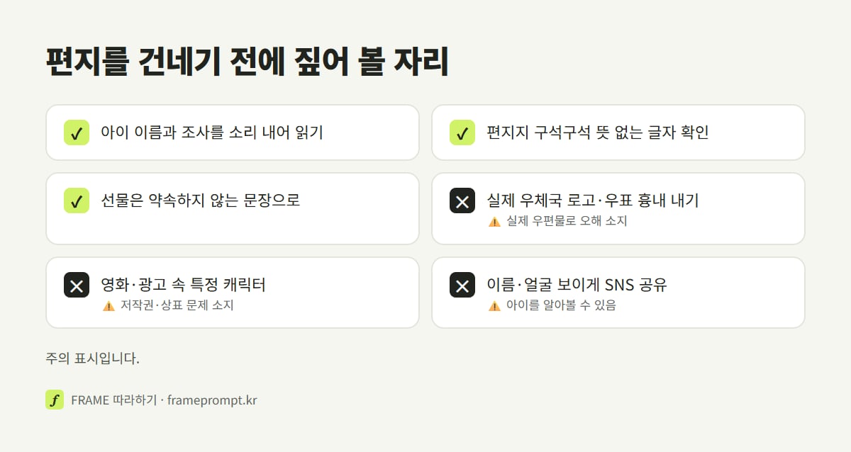 산타 답장 편지를 아이에게 건네기 전에 확인할 것과 하지 말 것을 표시한 확인 목록