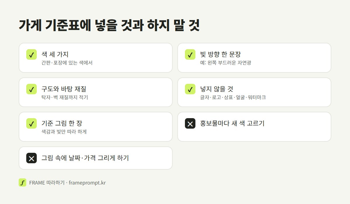 가게 기준표에 적을 것으로 색 세 가지, 빛 방향, 구도, 바탕 재질, 넣지 않을 것을, 하지 말 것으로 홍보물마다 새 색 고르기와 그림 속에 날짜 그리게 하기를 정리한 목록