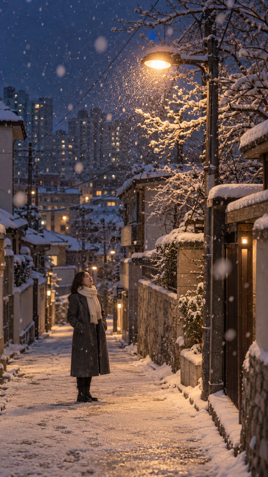 따로 만든 겨울 저녁 골목에 함박눈이 내리고 바닥과 지붕에 눈이 얇게 쌓인 세로 그림, 위 그림과 가로등·골목 방향이 좌우로 다름