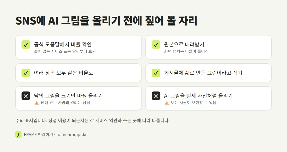 SNS에 AI 그림을 올리기 전에 할 것과 하지 말 것을 표시한 확인 목록