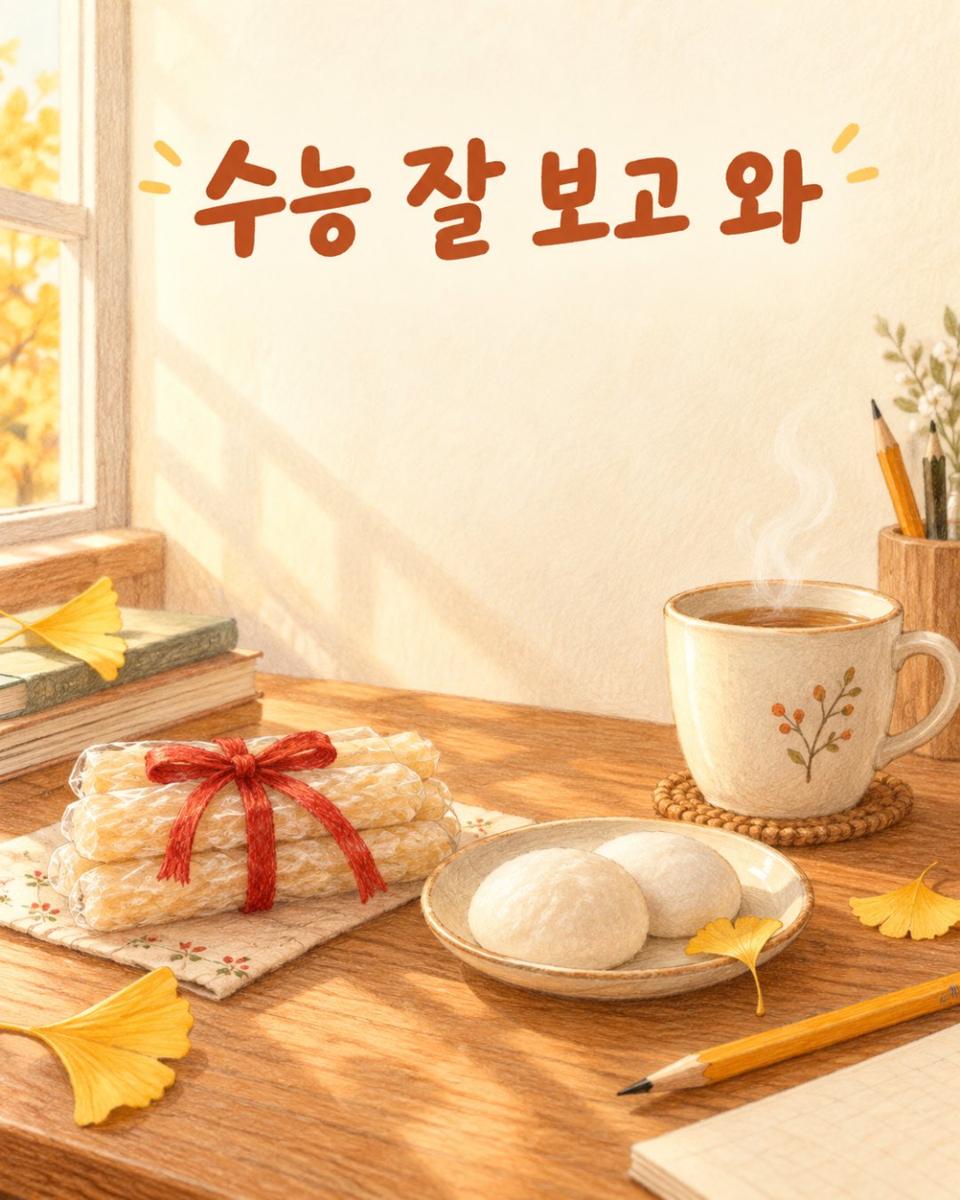 아침 창빛이 드는 나무 책상 위에 리본 묶은 엿, 찹쌀떡 두 개, 차 한 잔, 연필, 은행잎을 손그림 느낌으로 그리고 위쪽 여백에 '수능 잘 보고 와'를 넣으라고 한 프롬프트로 만든 그림