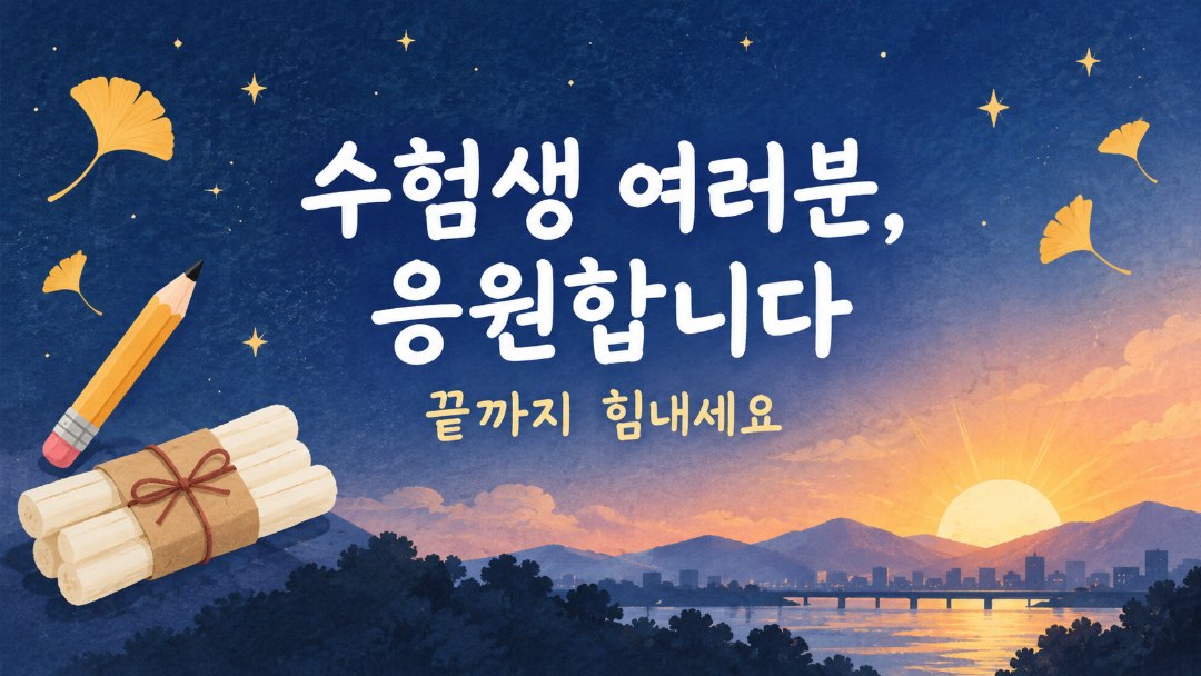 남색 새벽 하늘과 금빛 별, 은행잎, 연필과 엿 아이콘을 배경으로 '수험생 여러분, 응원합니다'와 '끝까지 힘내세요'를 넣으라고 한 가로 배너 프롬프트로 만든 그림